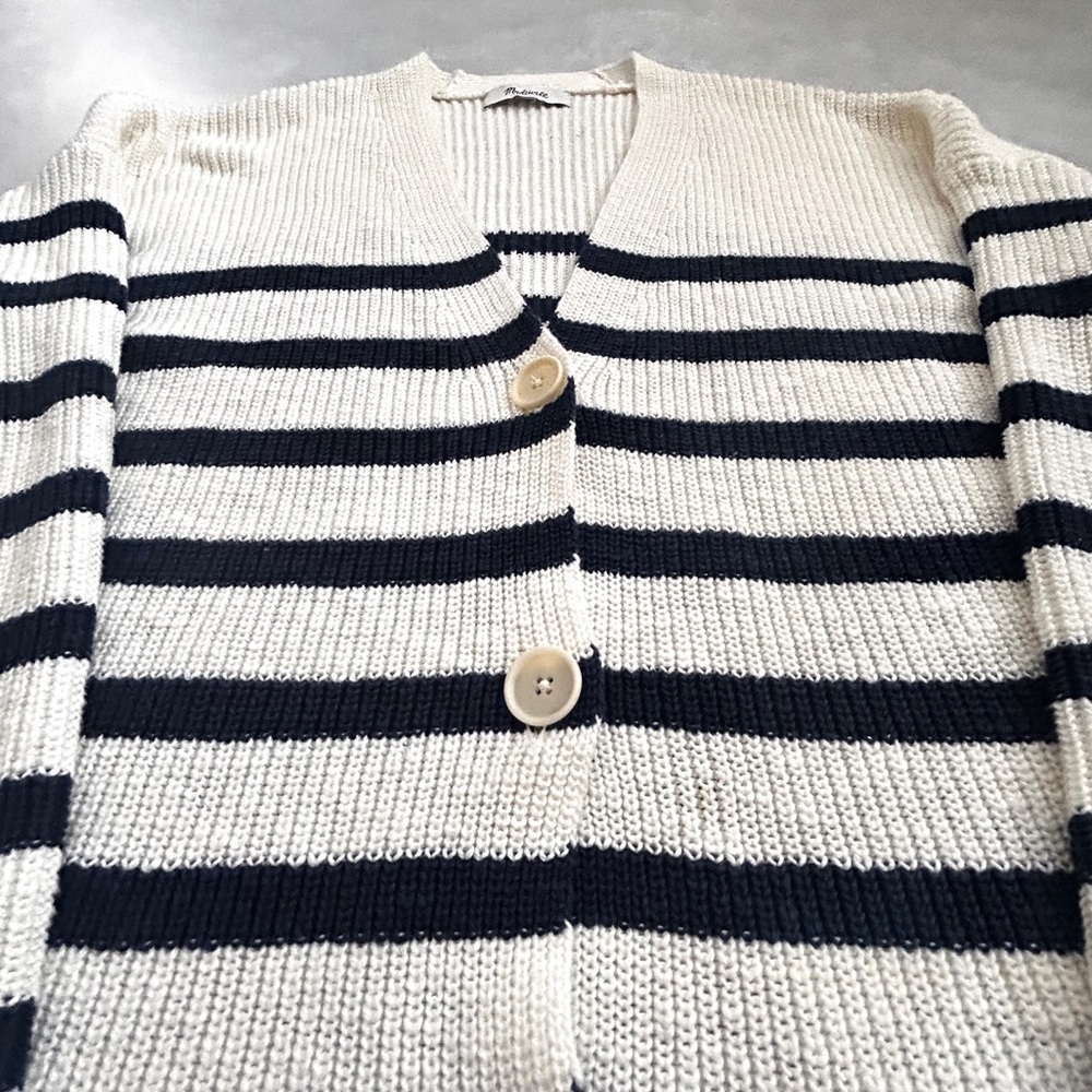 Madewell Striped V-Neck Button Front Cotton Cardigan | Small | Navy & Cream - Picture 8 of 14